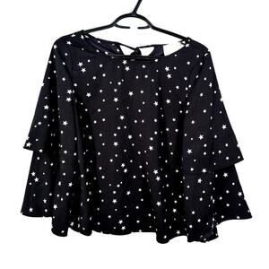 JOA J.O.A. BLACK STAR PRINT BELL RUFFLE SLEEVE BLOUSE SHIRT SZ S